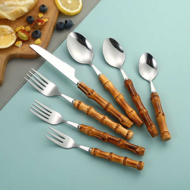 Cross-border Stainless Steel Natural Bamboo Tableware 7-piece Set Knife and Fork Spoon Cake Dessert Spoon Creative Wooden Bamboo Handle Spoon