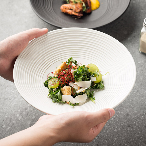 High-end sense bamboo hat bowl hotel tableware Japanese threaded ceramic surface bowl satin plate ramen large soup bowl salad bowl