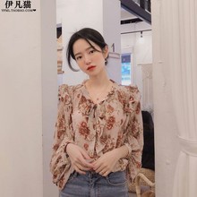 2023新款复古洋气碎花上衣气质雪纺灯笼袖衬衫女春宽松荷叶边衬衣
