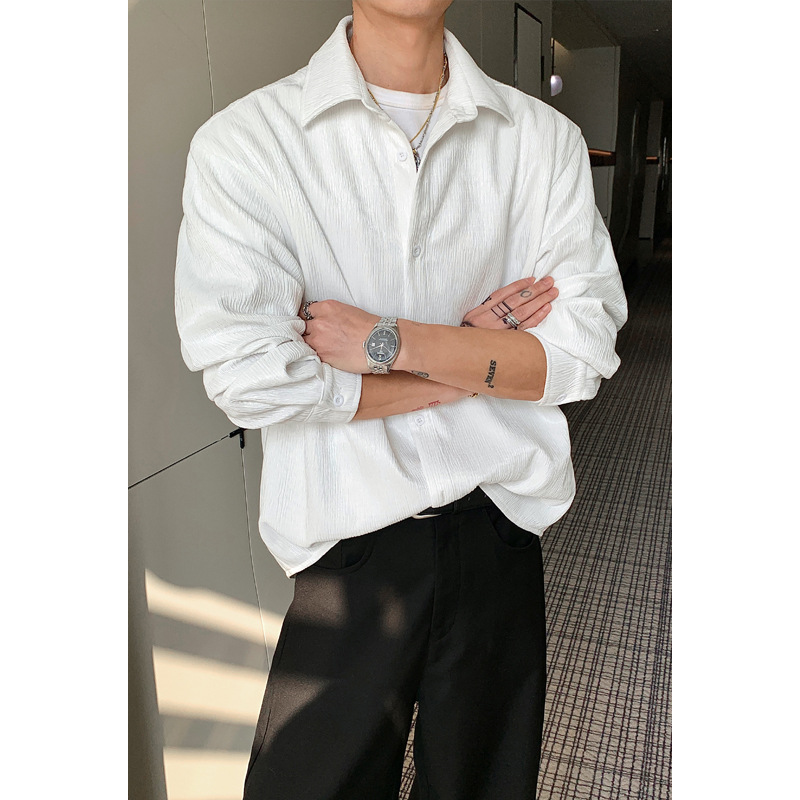 Textured White Long-sleeve Shirt For Men, 2026 Spring Collection, High-end Feel, Loose-fitting, Collared, Plus-size Top_voghion.com