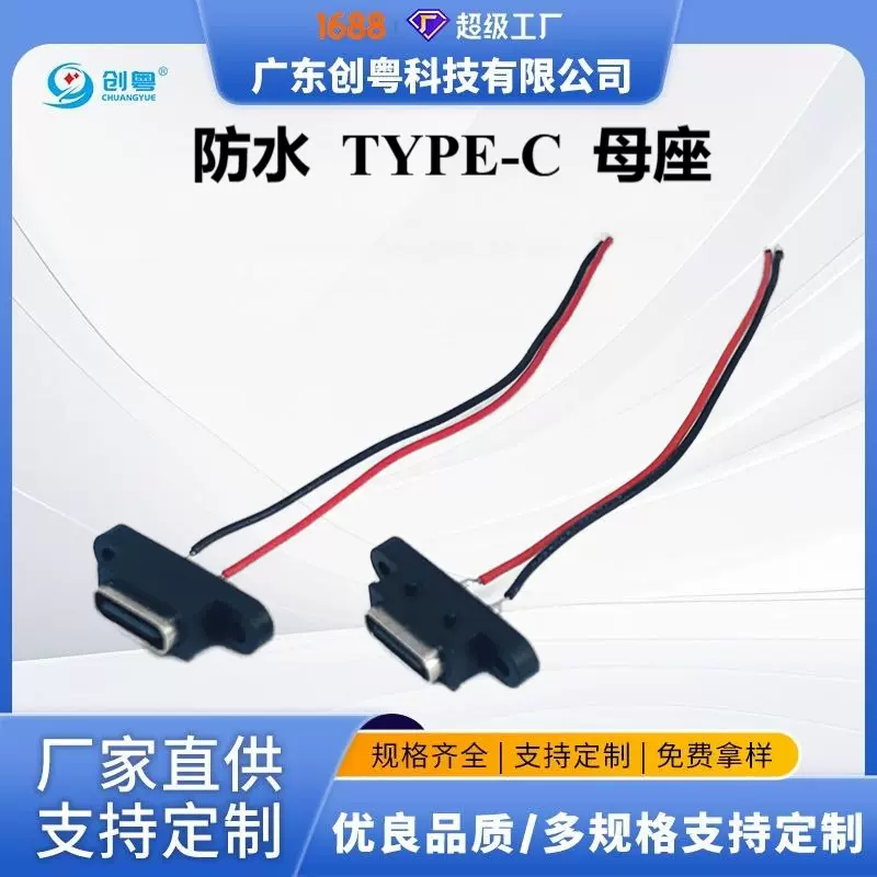 TYPE-C 2PIN 带螺丝孔焊线式防水母座 不带电阻 带双耳 带线 插座