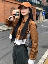 UNMUN2024秋新款设计感小众拼色衬衫外套女气质短款高级感别致潮