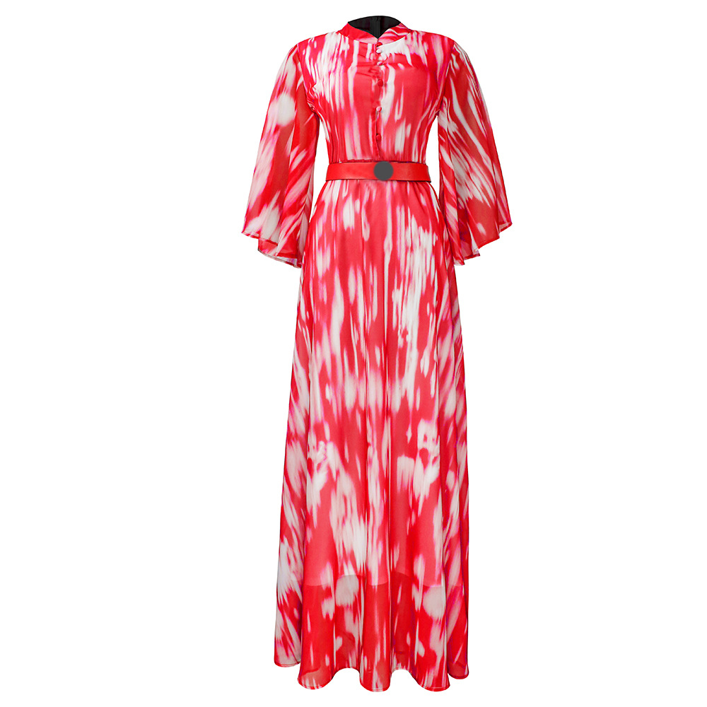 African Plus Size Women's Chiffon Bat Sleeves Ink Painting Tie-Dye Stand Collar Dress Elegant Large Swing Long Dress with Belt