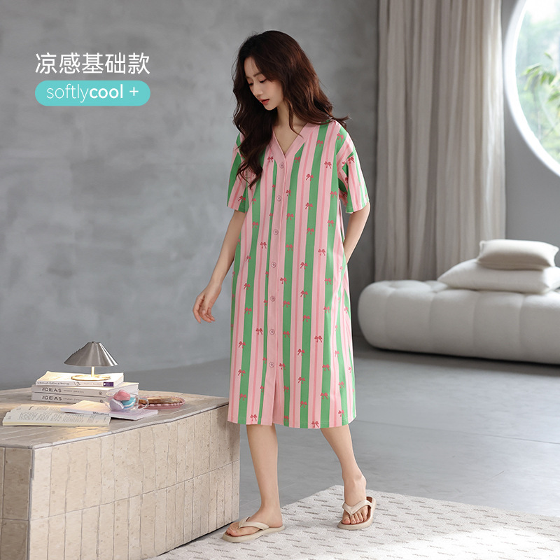 Spring and Autumn Pure Cotton Kimono Collar V-Neck Cardigan Nightgown for Women, Loose Plus-Size Short-Sleeve Casual Long Dress for Girls