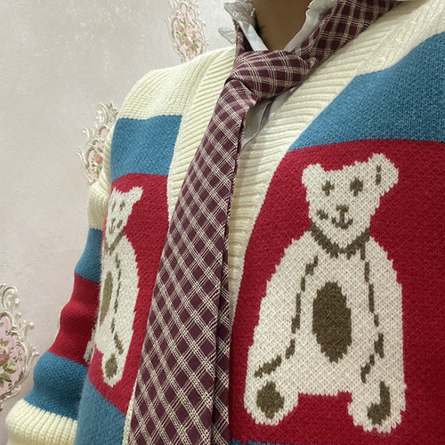Autumn and winter basic school tie hand-tied jk British style knitted cotton and linen striped plaid brown coffee splicing DK