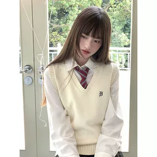 春秋JK制服针织衫毛衣背心女日系学院V领马甲刺绣套头上衣两件套