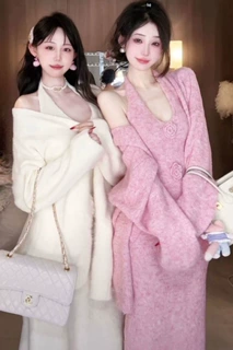 奶油套装女秋冬氛围外套毛衣半身裙慵懒风感针织吊带三件套新款