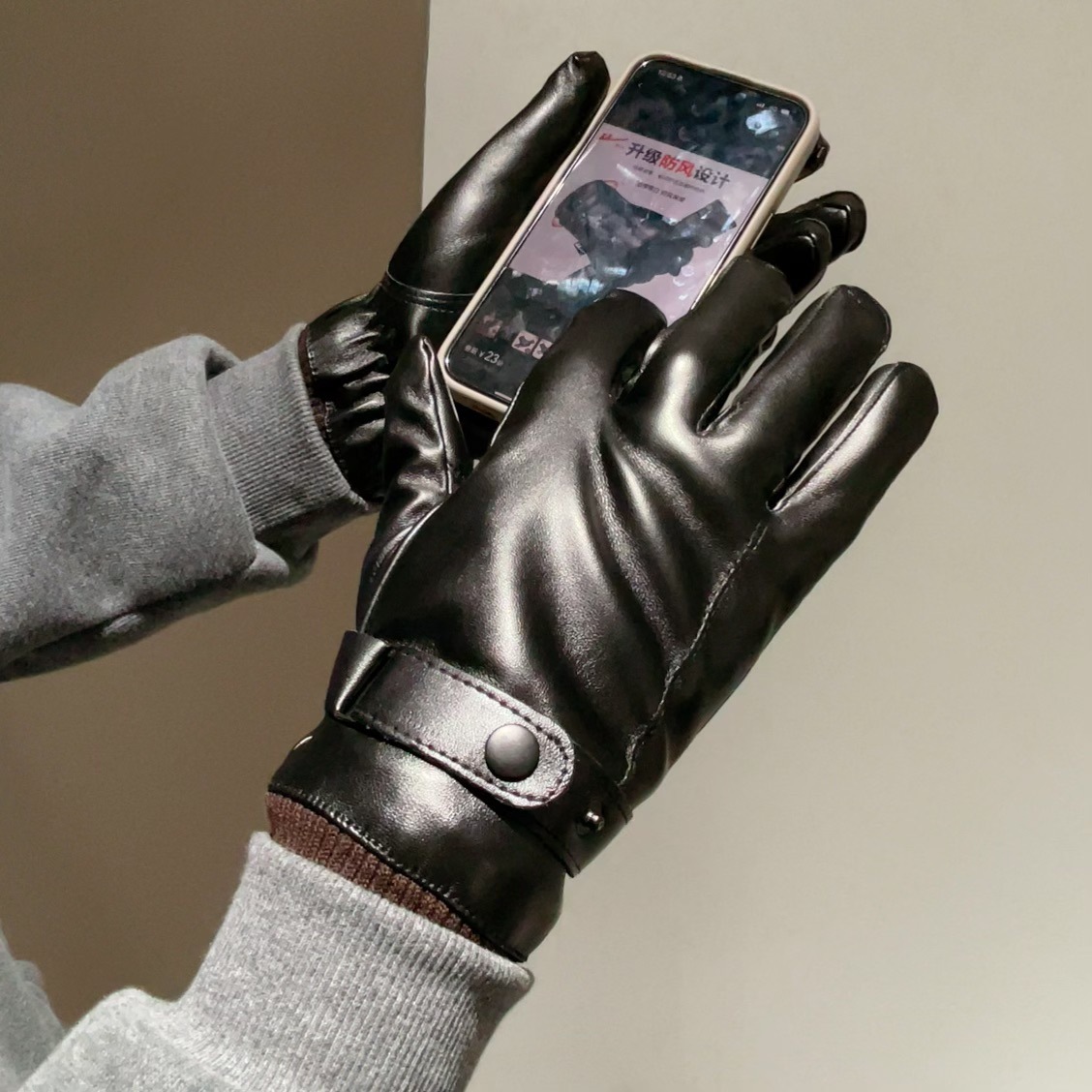 S220 조임끈 PU 단백질 가죽 터치 스크린 장갑