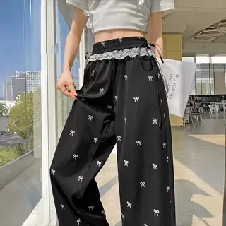蕾丝拼接蝴蝶结冰丝阔腿裤女夏季薄款防晒凉凉裤速干休闲运动裤子