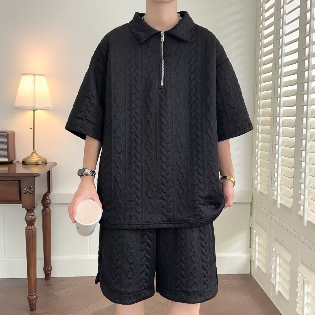 Waffle Polo Shirt Short-sleeved Shorts Set Summer Thin Loose Casual Sports Set Men's Outdoor Set Trendy