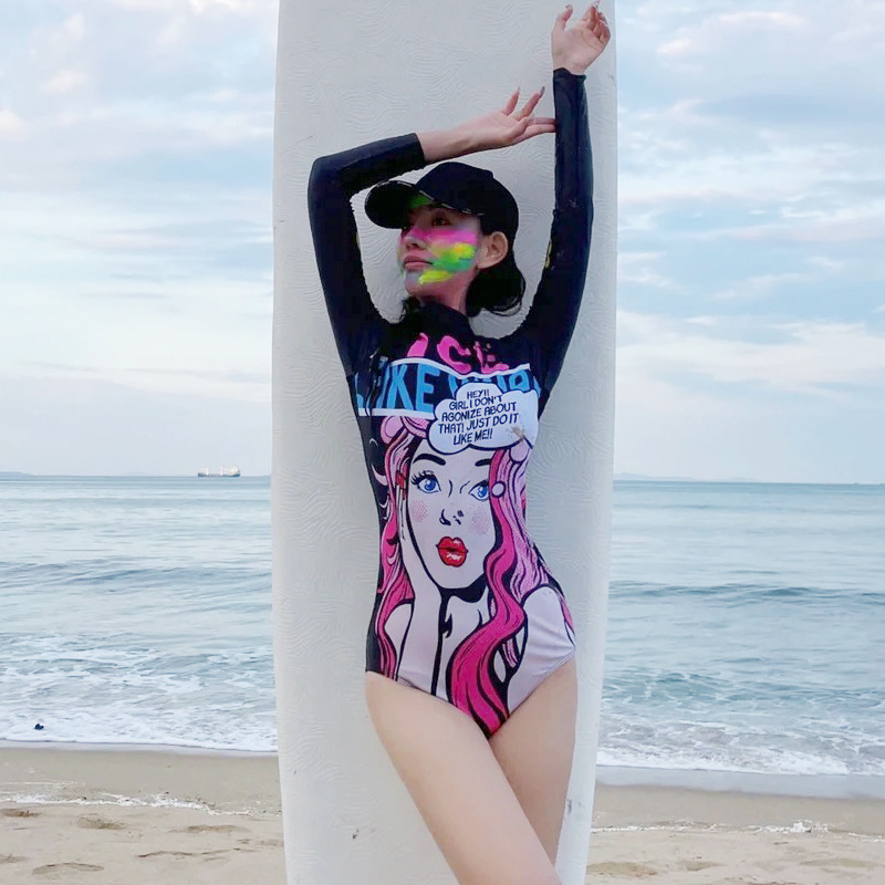 泳衣女泡温泉卡通保守长袖遮肚连体显瘦冲浪水母衣三亚沙滩泳装