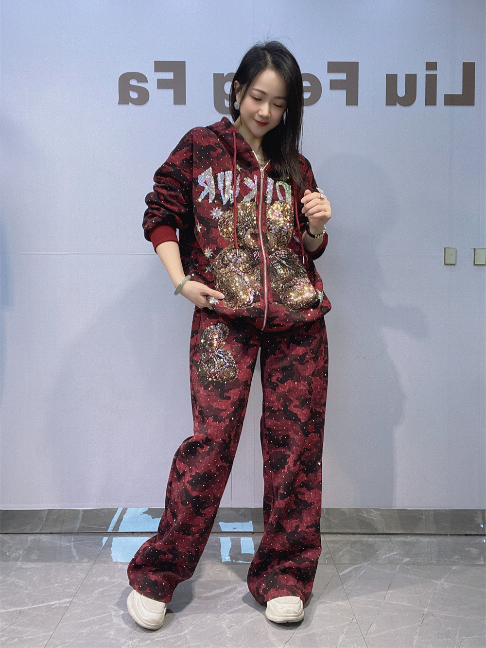 Camuflaje con cremallera cardigan de tamaño grande suéter conjunto de mujeres de otoño pesado artesanía pantalones rectos sueltos ropa deportiva al aire libre dos piezas set