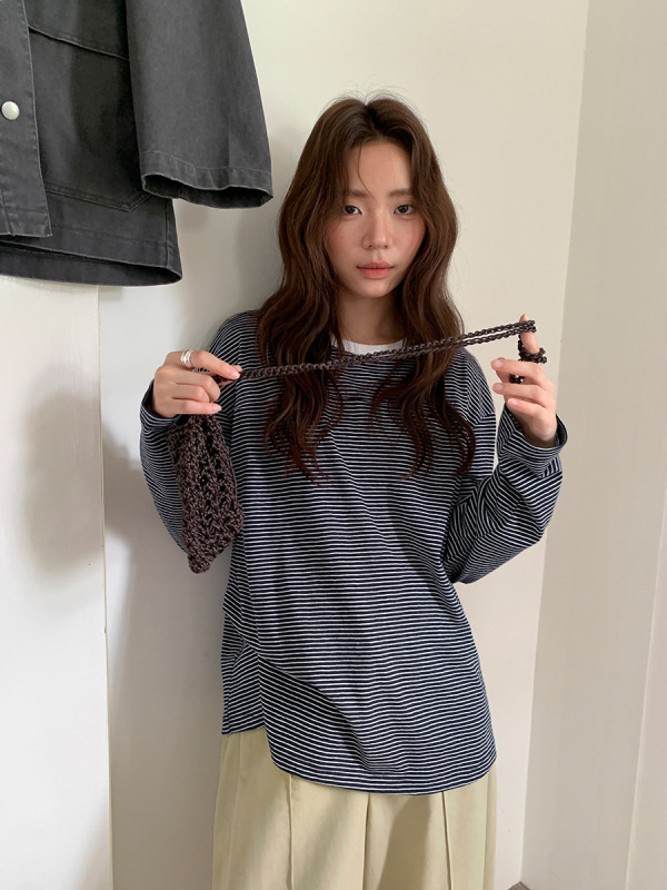 广州十三行2025秋韩系休闲风圆领套头长袖休闲打底针织T恤女02835|undefined
