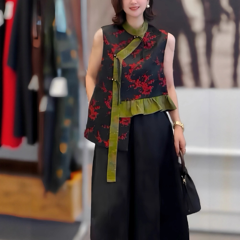 Shenzhen's Most Popular Chinese-Style High-End Irregular Slanted Placket and Button Vest with Contrasting Color Sleeveless Fashionable Women's Clothing