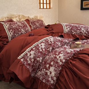 French Romantic Wedding Bedding 100-Count Long-Staple Cotton Embroidered Flower Red Wedding Quilt Cover Bed Bed Sheets Four-Piece Set