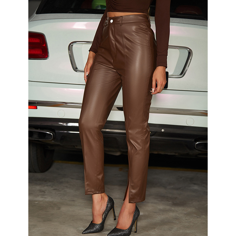 retro high-waist tight PU leather slit pants nihaostyles wholesale clothing NSGHW83923