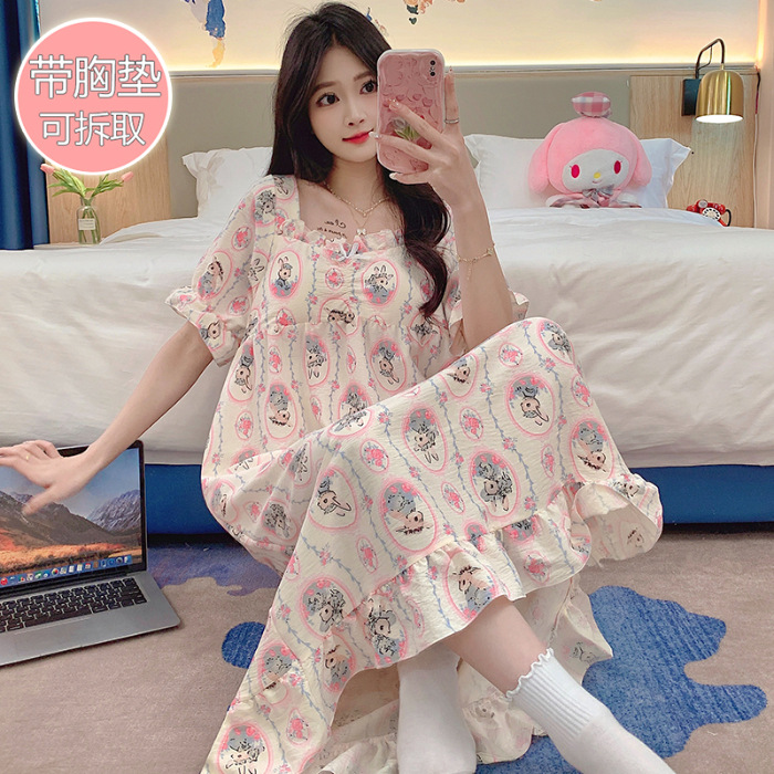 Transfronterizo con cojín de pecho pijama de verano nube de algodón de mangas cortas dulce lindo vestido de pijama primavera y verano ropa para el hogar