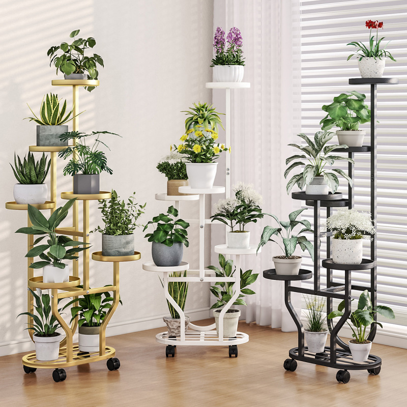 フラワーシェルフリビングルーム床置きバルコニー収納ラック屋外中庭多肉植物鉄植木鉢ブラケットローラー棚付き|undefined