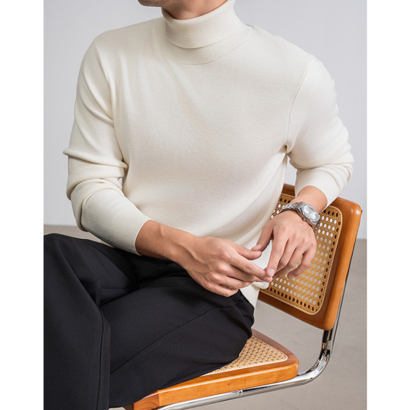 Men's High-Neck 16-Gauge Thickened Cashmere Blend Mulberry Silk Knit Sweater Warm Winter Base Shirt