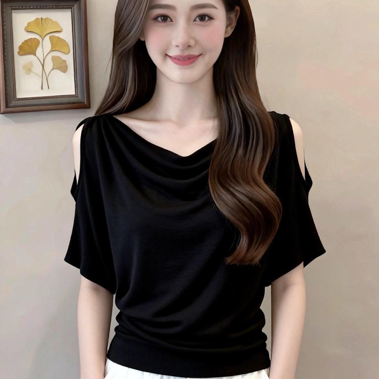 韩版夏季新款慵懒松弛感荡领短袖T恤女宽松休闲百搭性感上衣2026