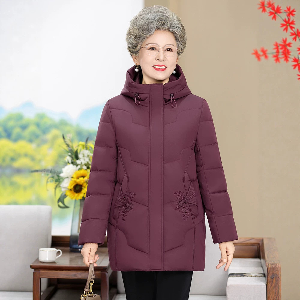 Women's mid-length thickened hooded down jacket with white goose down filling, suitable for middle-aged and elderly women, for winter warmth.