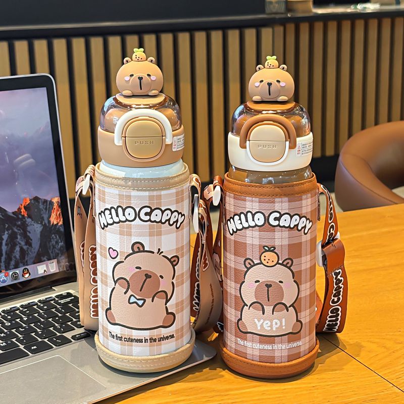 かわいいカピバラチェック柄魔法瓶カップセットデザインロック調節可能なカップロープポータブルワンカップダブルドリンクカップ|undefined