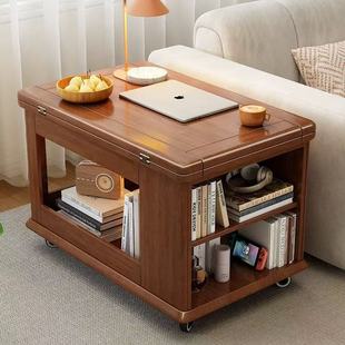 Solid Wood Cart Coffee Table Household Foldable Mobile Tea Table Tea Table for Small Apartment Living Room Multifunctional Sofa Side Table