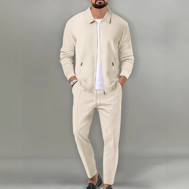 Waffle Casual Sports Suit for Men, Spring and Autumn Style, Lapel Zipper Cardigan Two-Piece Business Casual Suit Wholesale