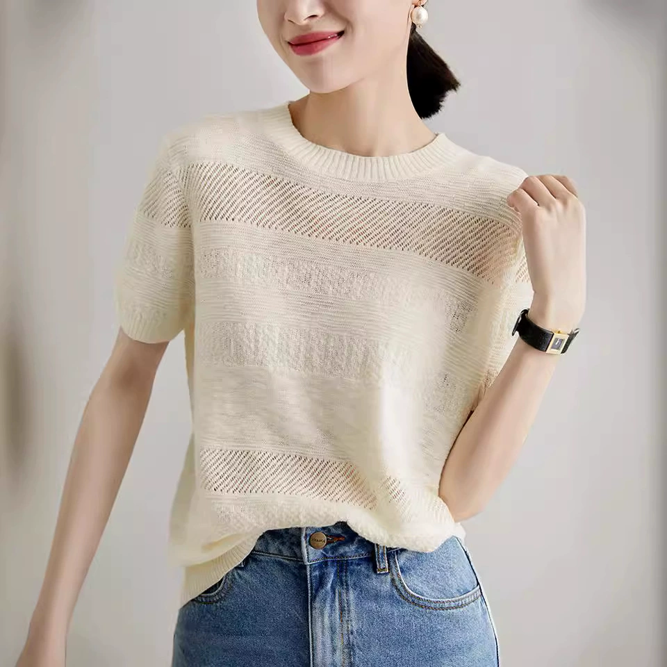 Женская летняя новая футболка с короткими рукавами 2023 года, жаккардовая текстура, мягкий, приятный для кожи сухой полый свитер с круглым вырезом