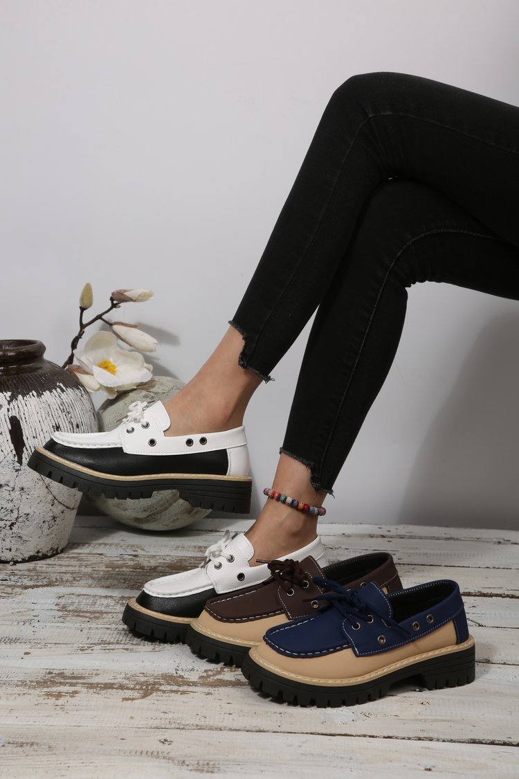Damesloafers in grote maten met vetersluiting, kleurblokken, casual, lente, nieuwe stijl, enkelschoenen_voghion.com