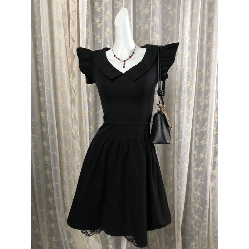 Black Swan: Beautiful Little Black Dress for Summer, Doll Collar Shirt Dress, Vintage Outfit, A-Line Short Skirt Black Swan: Beautiful Little Black Dress for Summer, Doll Collar Shirt Dress, Vintage Outfit, A-Line Short Skirt