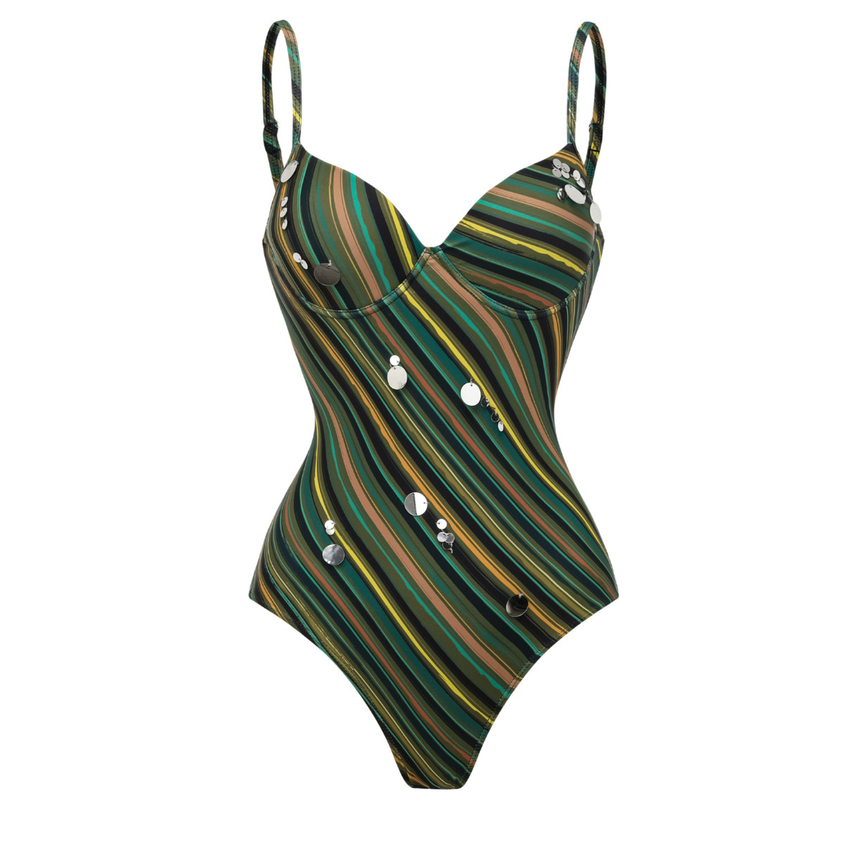 Women's Color Blocking Striped Sequin One Piece Swimsuit European American Style For Beach Set_voghion.com