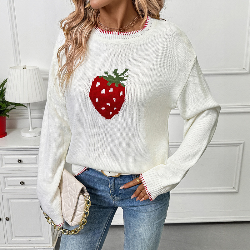 Women's Strawberry Jacquard Knit Sweater - Soft Acrylic Pullover With Loose Fit, Round Neck, Long Sleeves For Casual Comfort_voghion.com