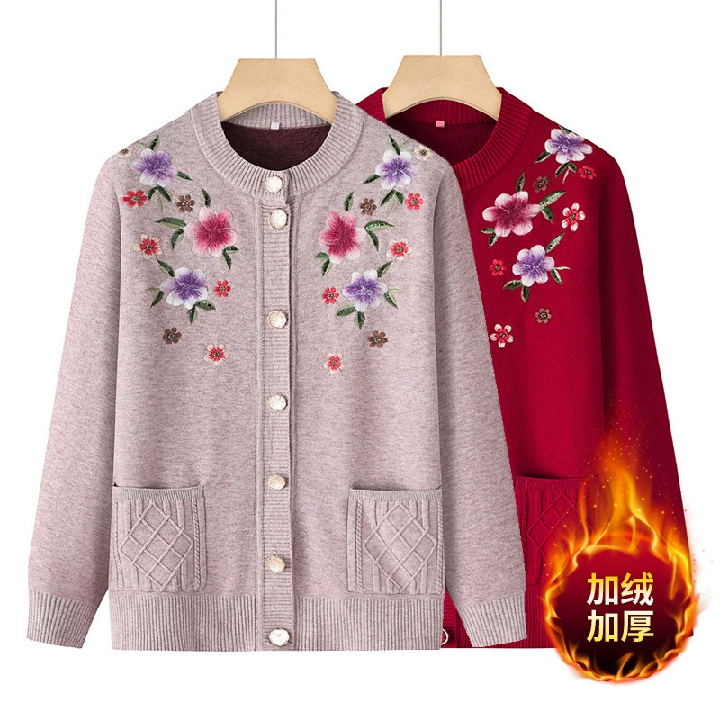 Пожилые люди теплые топы бабушки осенние и зимние вязаные свитера мамы зимние пальто плюс бархатный толстый кардиган старушка