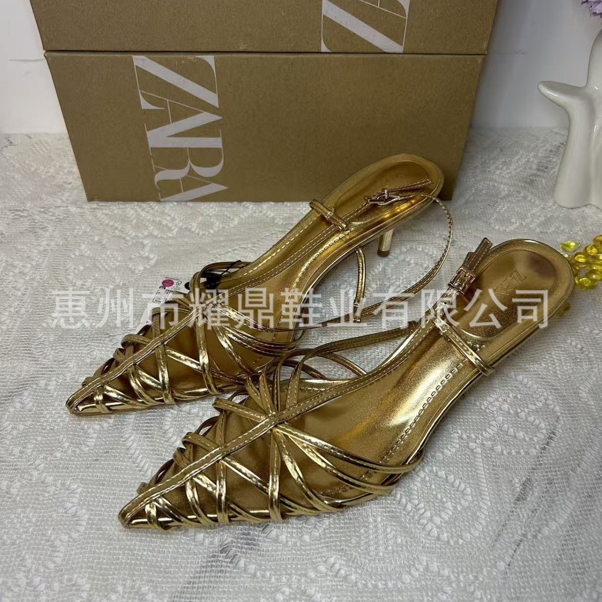 Za2025 New Summer Women's Shoes Gold Cut Out Pointed Toe High Heels Thin Strap Combination Stiletto Heel Hollow Back Roman Sandals for Women