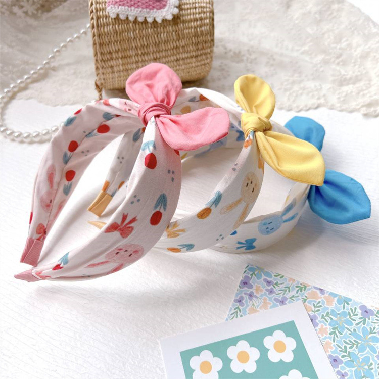 New Children's Fabric Rabbit Ears Headband with Flower Cartoon Wide Brim Headband for Girls with Bow Hair Clip