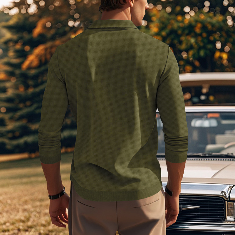 Podzimní a zimní americké pánské tričko s dlouhým rukávem, tenký střih, vaflový styl, slim fit, klopový pletený svetr pro muže_voghion.com