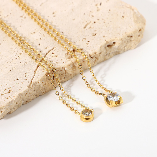 Minimalist Diamond Necklace with Round and Rectangle Design, 18K Gold, Exquisite Chain, Stainless Steel Pendant for Women