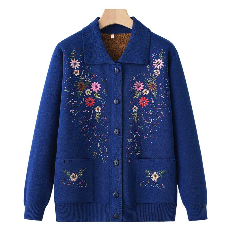 Осенне-зимний костюм старой леди, вязаный свитер на флисовой подкладке, пальто, утепленный свитер с лацканами для бабушки, кардиган для женщин среднего и пожилого возраста, мать