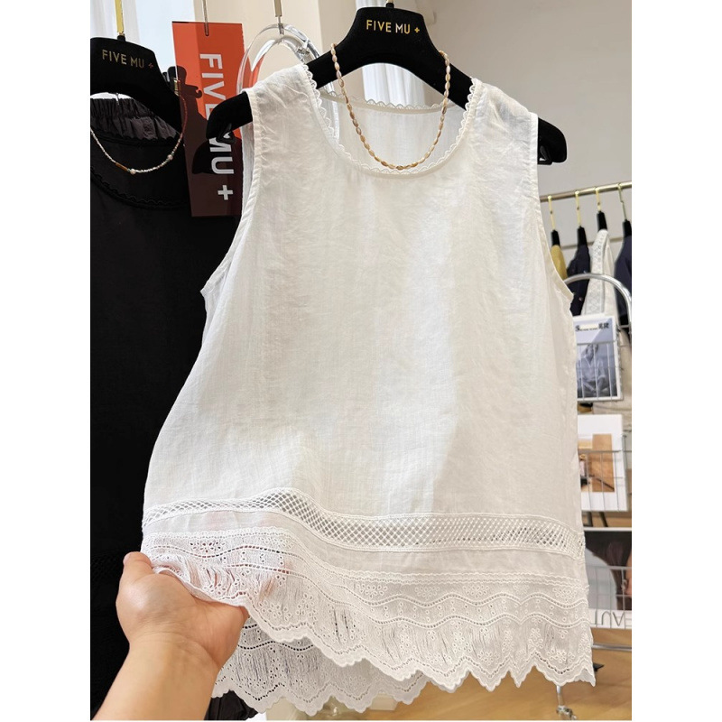女性の夏のアウターウェアのためのハイエンドのレースの綿ラウンドネックベストシャツ薄いノースリーブベストトップ|undefined