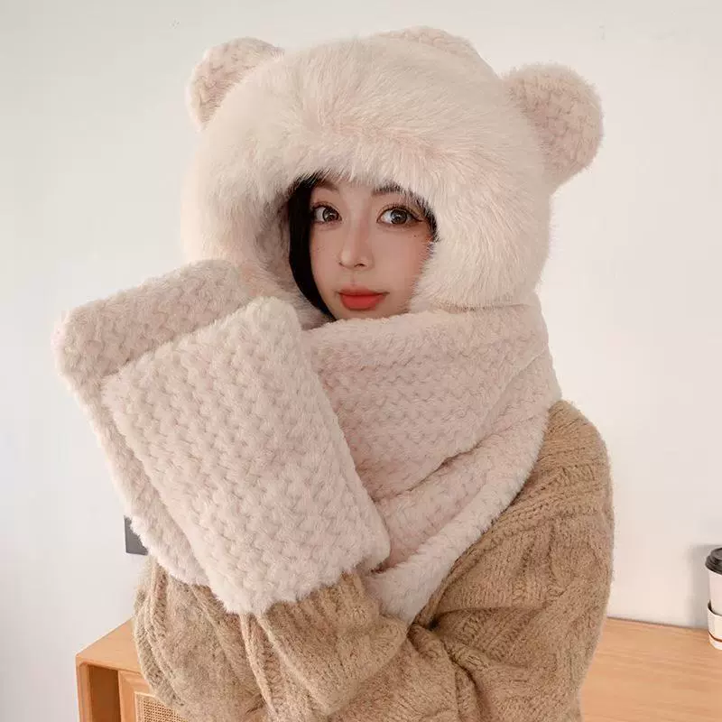 Медведь шляпа перчатки шарф из трех частей утолщенный плюшевый теплый дикий шарф