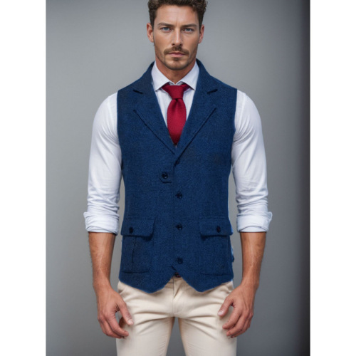 Spring and Autumn Men's Fashion Vintage Blazer Vest with Single Button Leisure Suit Jacket Herringbone Fabric