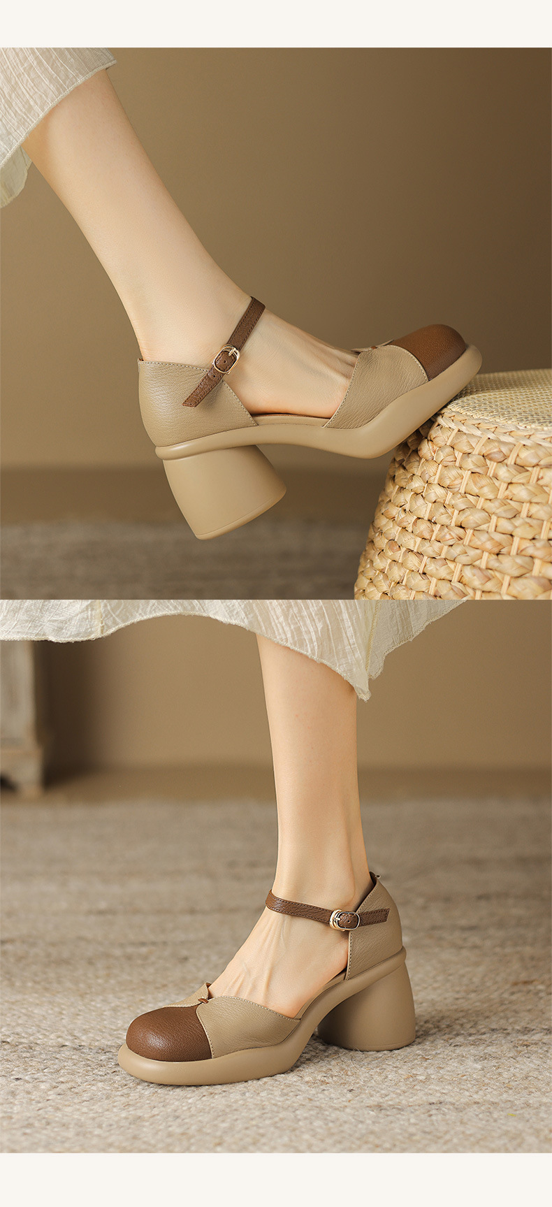 Sandal cao gót nữ bít mũi da cừu phối màu đế dày gót vuông quai ngang — Màu trắng be chi tiết 10