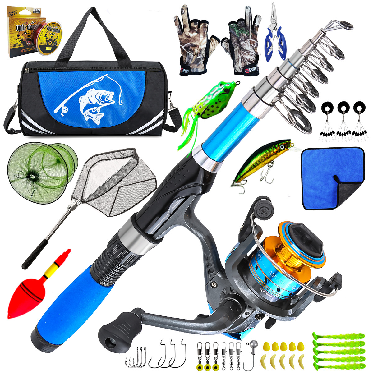 1.7m Luya Rod Set with Bag, Fish Protection Net, Fishing Net, Luya Pliers, Gloves, Portable Bait Fishing Cross-Border Wholesale