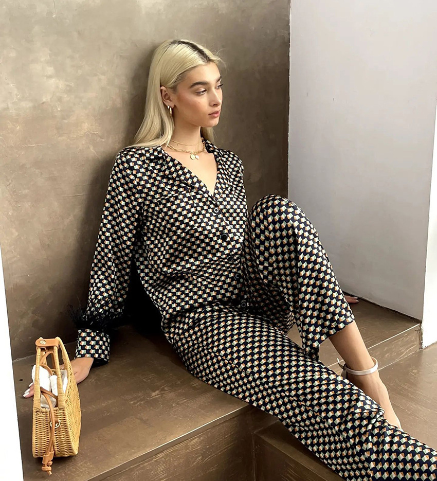 printed plaid long-sleeved shirt trousers loungewear can be worn outside NSMSY137957