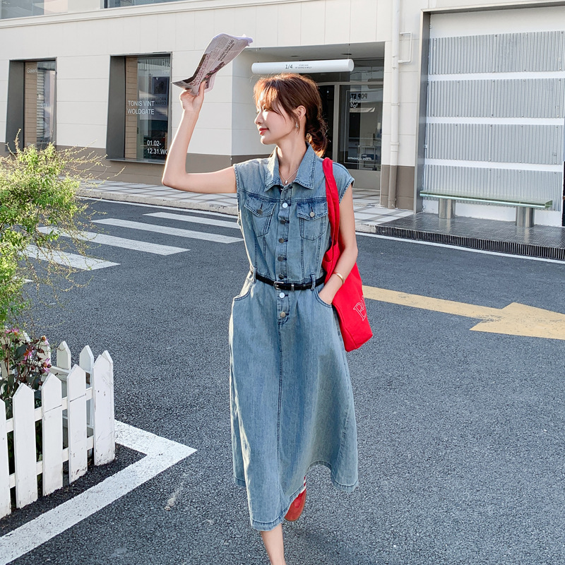 French-Style Vintage Sleeveless Denim Dress for Women, Summer Thin Style, 2026 New Casual Waist-Cinching Elegant Shirt-Style Long Dress French-Style Vintage Sleeveless Denim Dress for Women, Summer Thin Style, 2026 New Casual Waist-Cinching Elegant Shirt-Style Long Dress