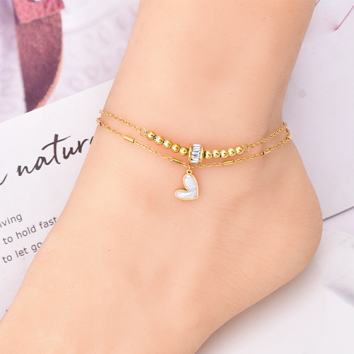 Fashion internet celebrity same style jewelry zircon transfer beads double layer love anklet shell small gold beads titanium steel color retention
