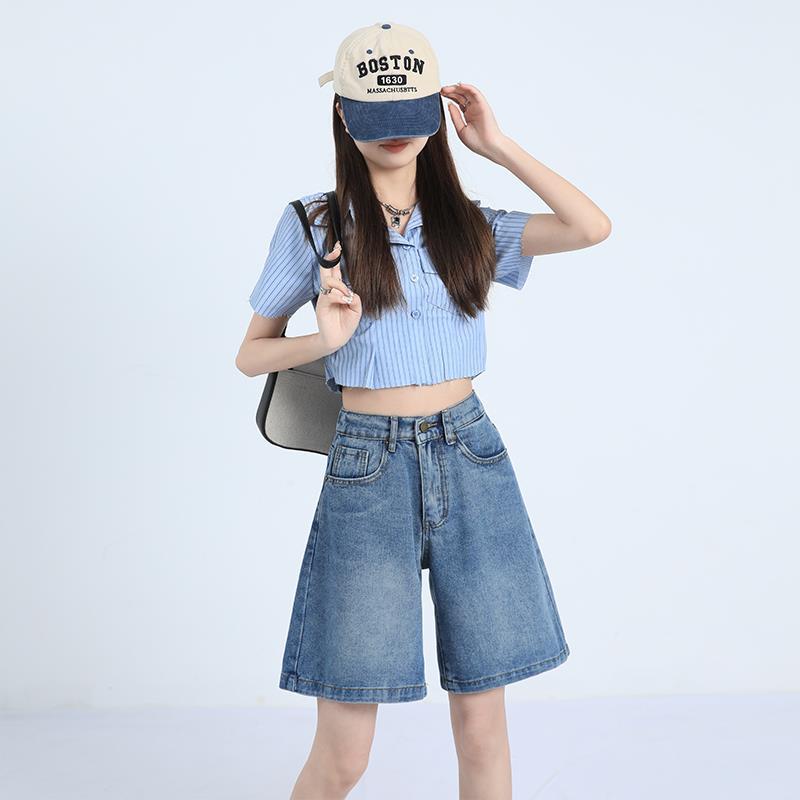 Summer New Denim Shorts Girls All-match Wide Leg Pants High Waist Slimming Stylish A- line Pants
