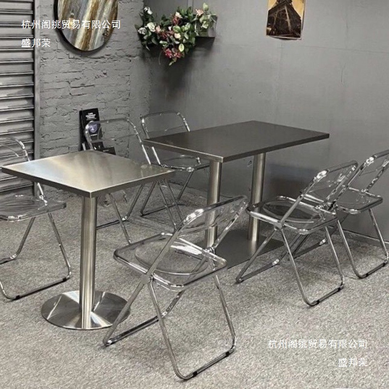 Thickened Stainless Steel Folding Table Fast Food Snack Bar Factory Canteen Cafe Industrial Style Rectangular Dining Table and Chairs