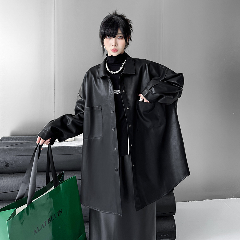European Niche Design Fashion Pu Leather Shirt 2025 Autumn New Loose Mid-Length Slimming Long-Sleeve Jacket